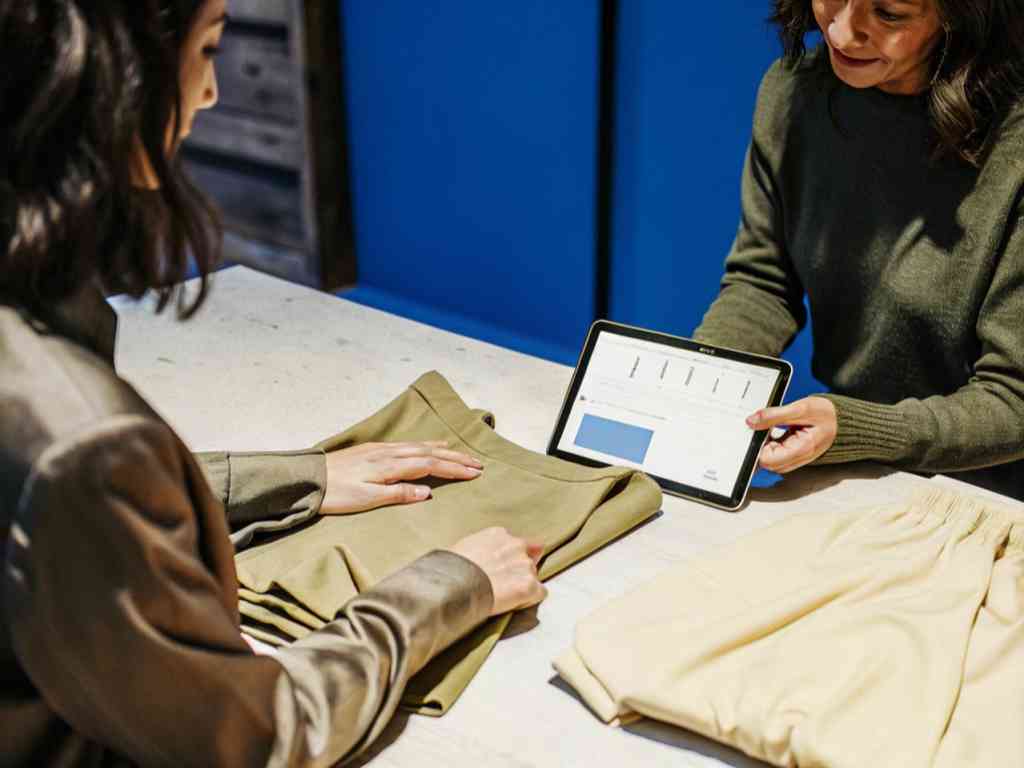 Women discussing fabric samples with digital color chart
