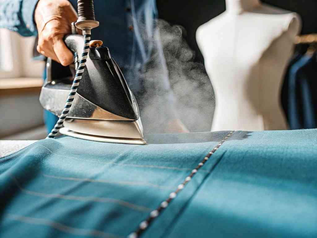 Iron pressing blue fabric on sewing table