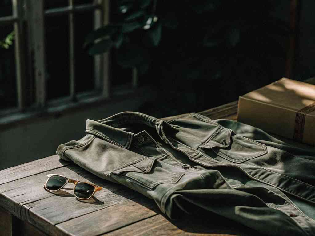 Green utility jacket and sunglasses on wooden table