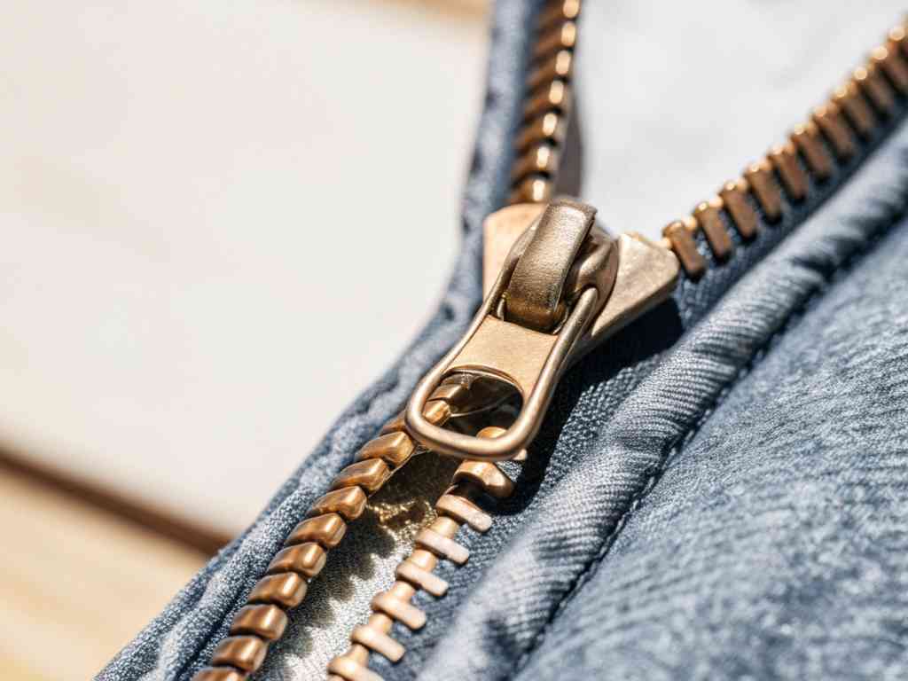 Brass zipper on denim-like blue fabric