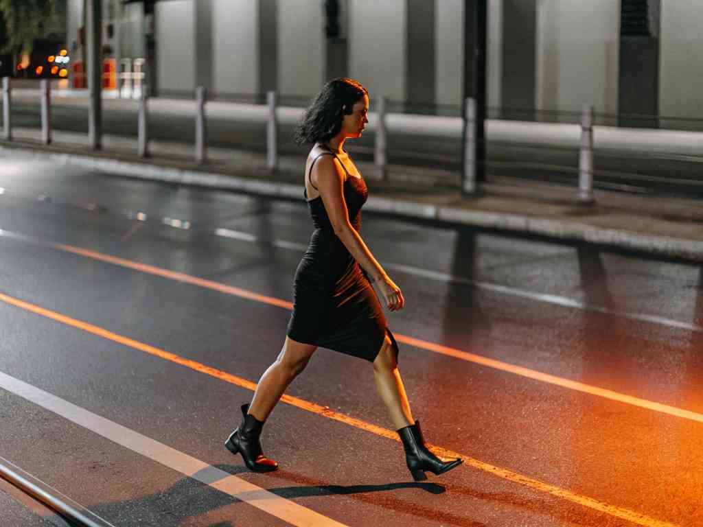 Woman in black dress crossing city street at night