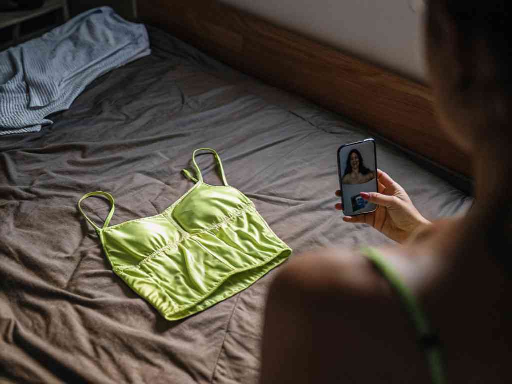 Green crop top on bed with woman video calling