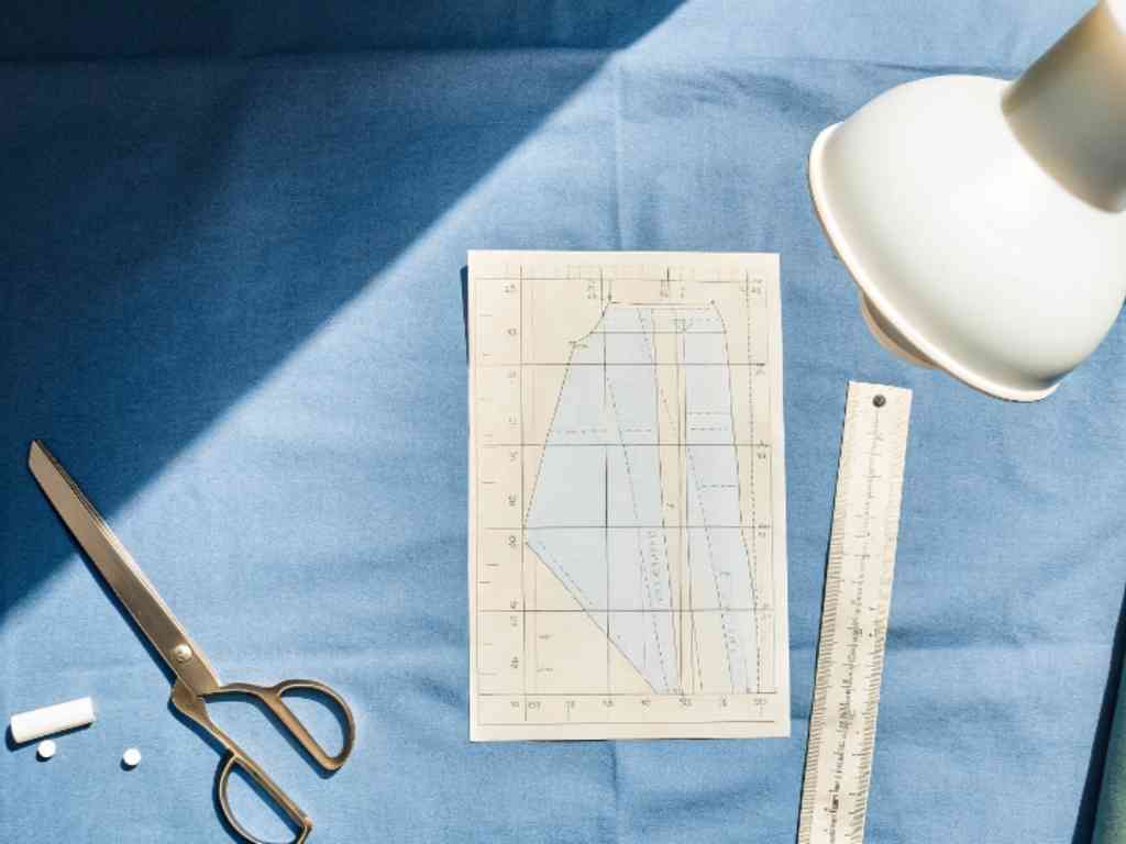 Flat lay of a sewing workspace with fabric pattern sheet, scissors, ruler, and chalk on blue fabric under lamp light.