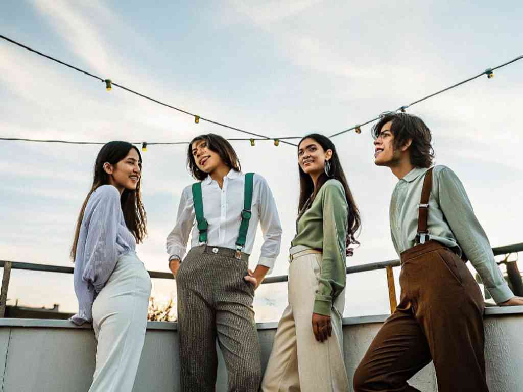 Four stylish friends in suspenders talking on rooftop