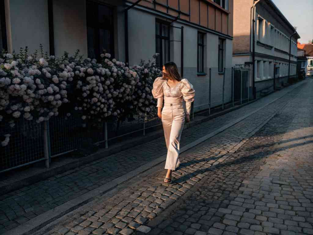 Woman walking in street wearing puff sleeve outfit