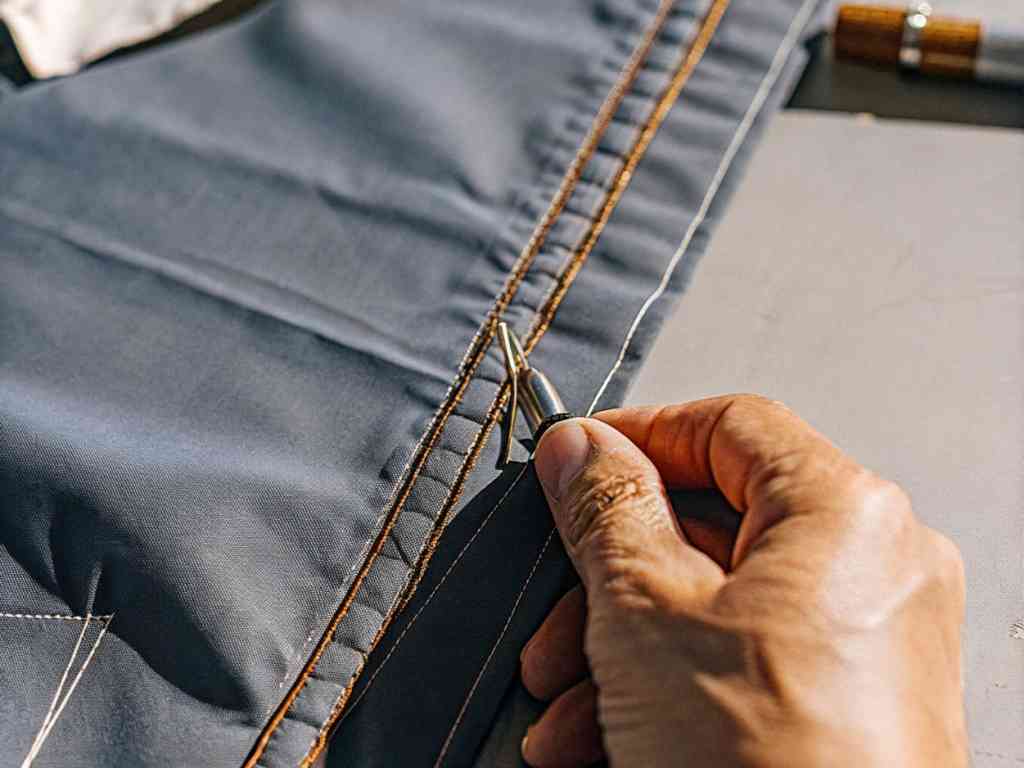 Hand using seam ripper on stitched blue fabric with brown thread.