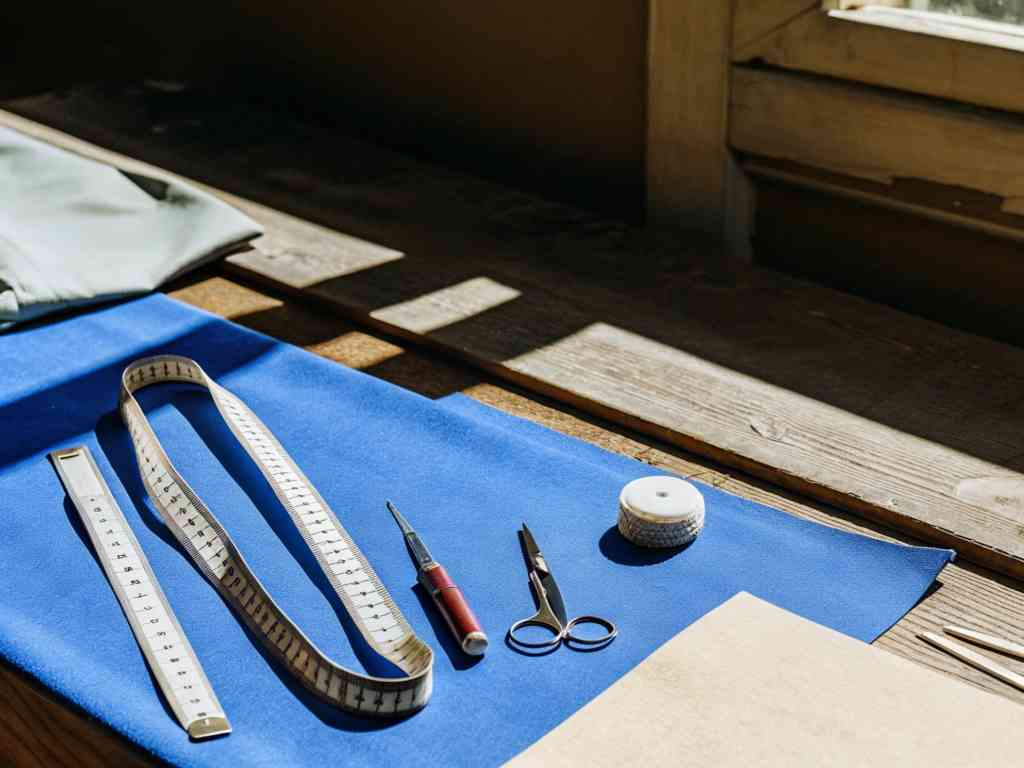 Flat lay of sewing tools on blue fabric including measuring tape, scissors, and seam ripper under natural light.