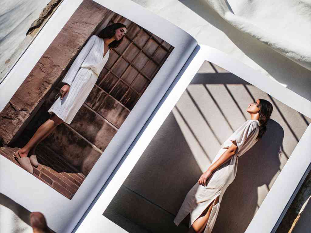 Fashion magazine pages showing women in white dresses