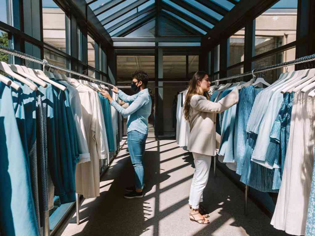 Two people browsing clothing racks in glass-roofed store