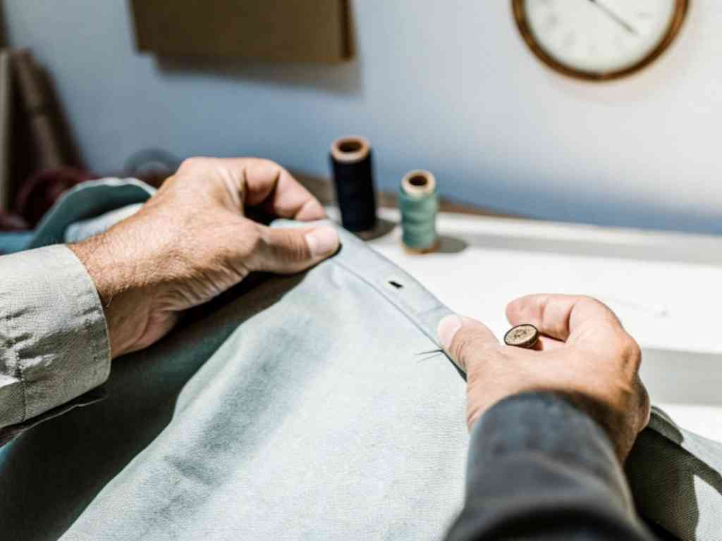 Tailor sewing buttonhole on grey fabric using thimble and thread.