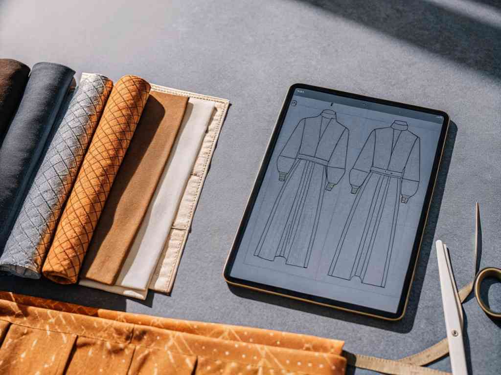 Fabric samples and digital dress sketch on tablet