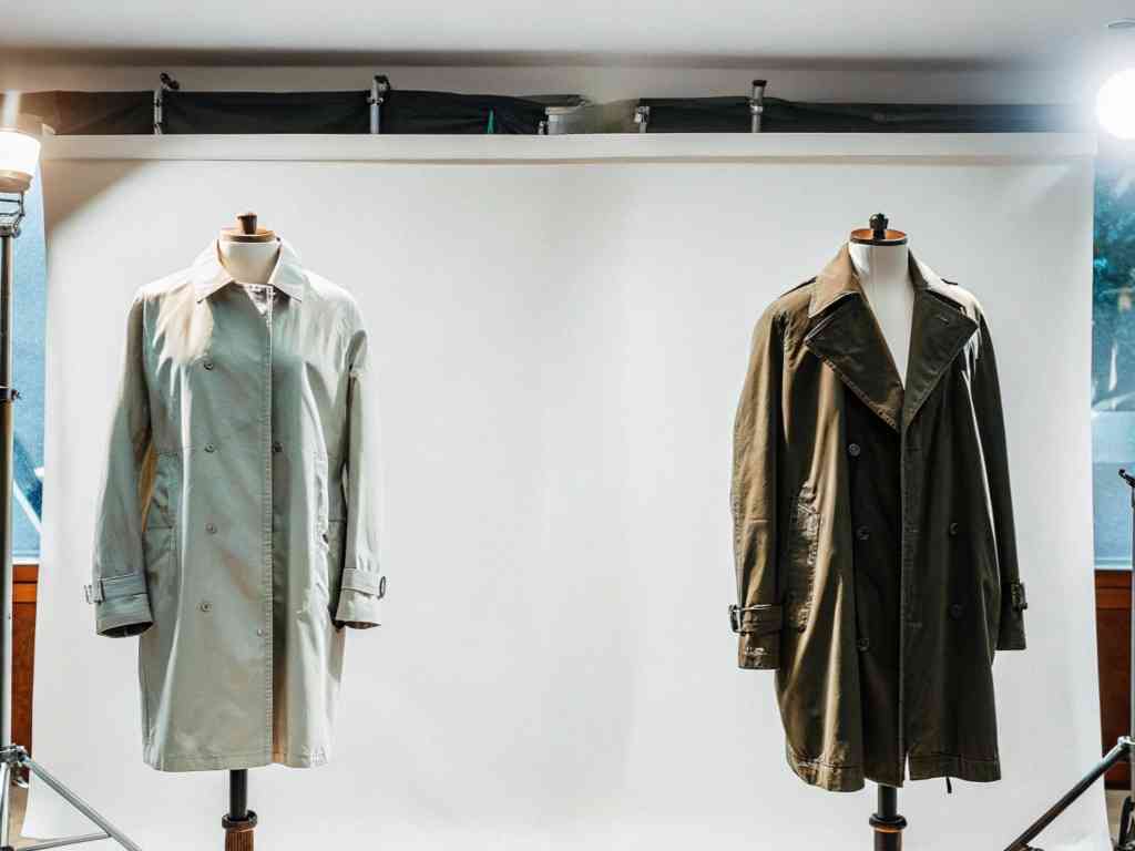 Beige and olive green trench coats on display in studio