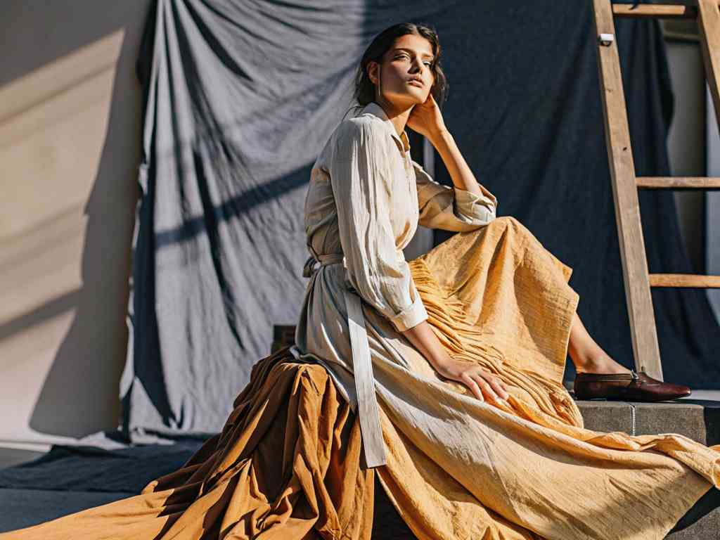 Model in two-tone dress poses in warm sunlight