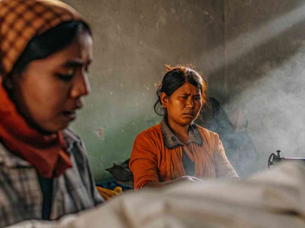 Focused woman sewing in sunlit workshop with fabric dust in the air.