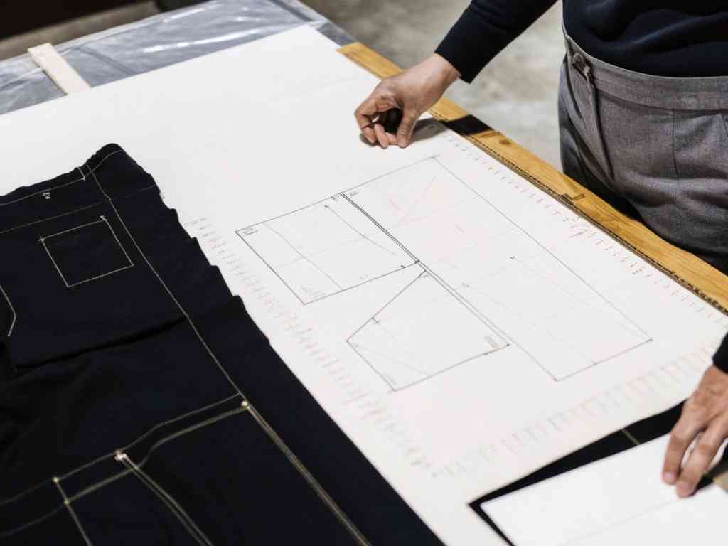 Designer drawing patterns on paper with garment pieces nearby.