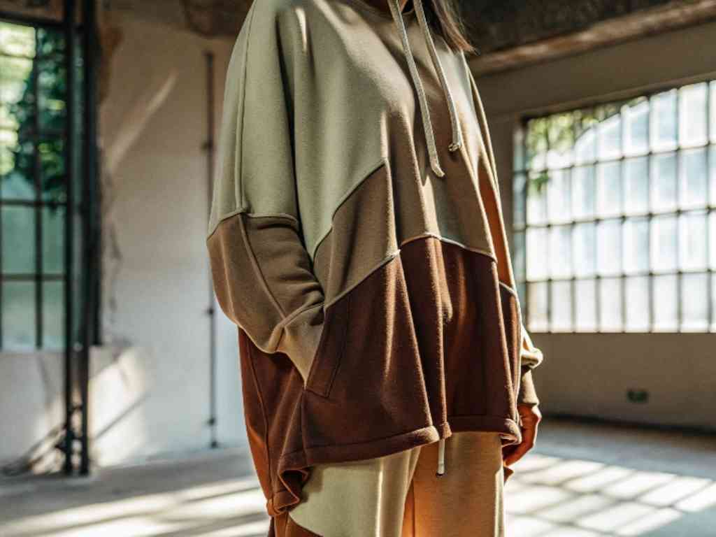 Color-block hoodie in earth tones worn in a sunlit studio.