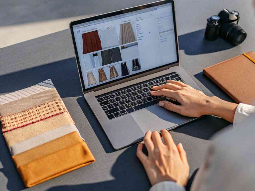 Person reviewing fashion items on a laptop with swatches, camera, and notebook nearby.