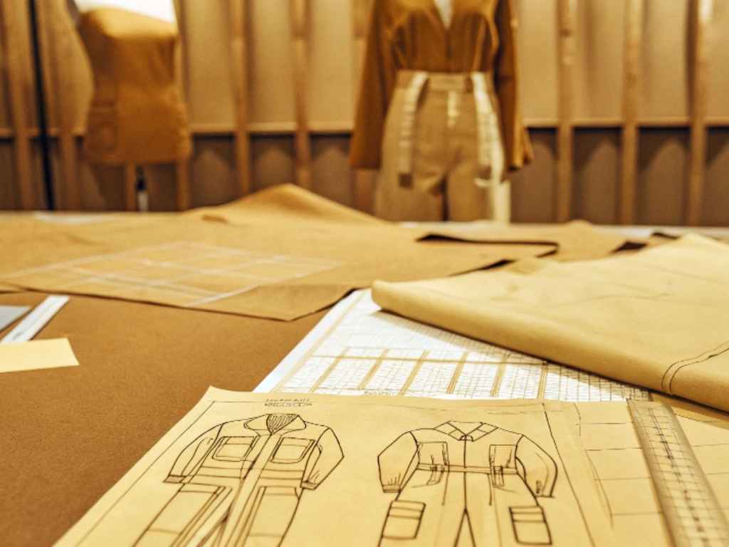 Jumpsuit fashion sketch on pattern paper in a studio.