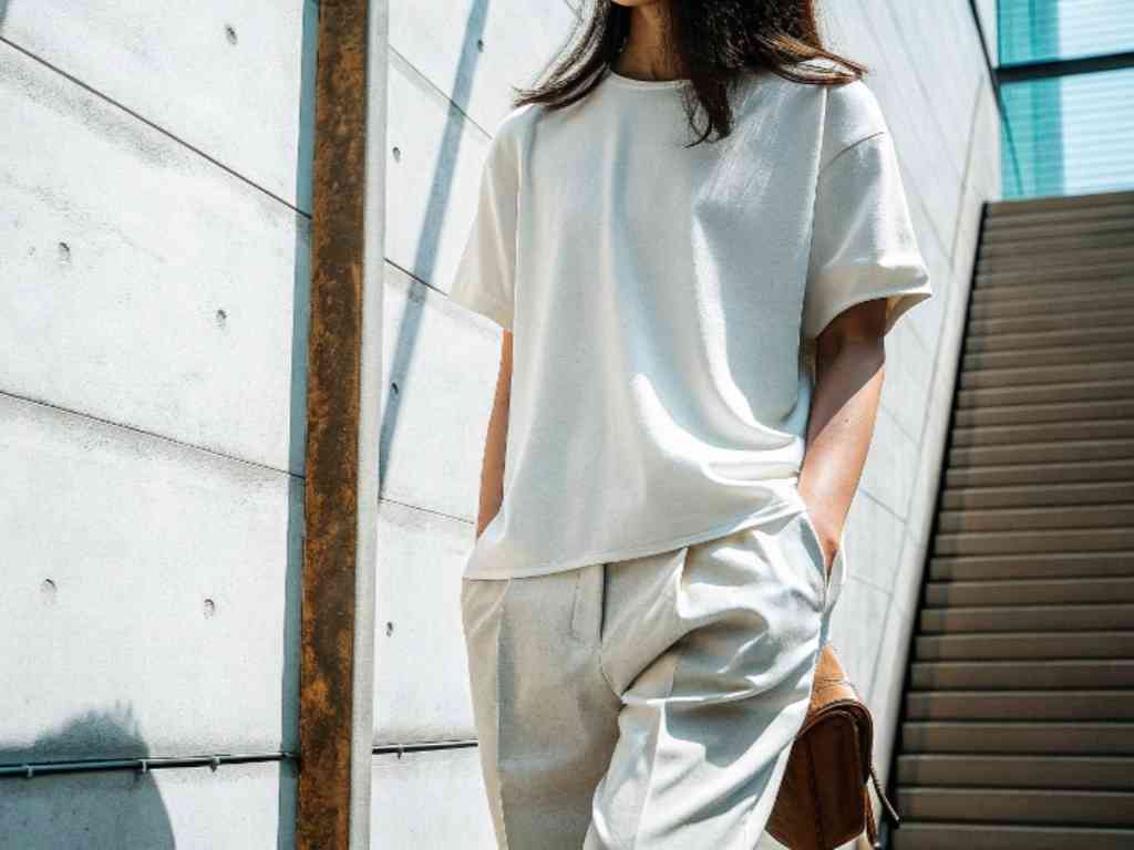 Woman in loose white T-shirt and pants standing outdoors in sunlight.