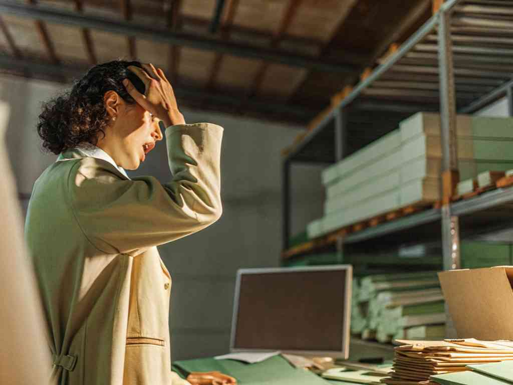 Stressed fashion entrepreneur holding head in production warehouse.