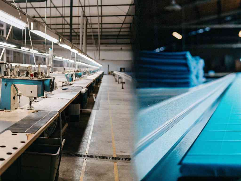 Sewing machines and fabric rolls in a textile factory.