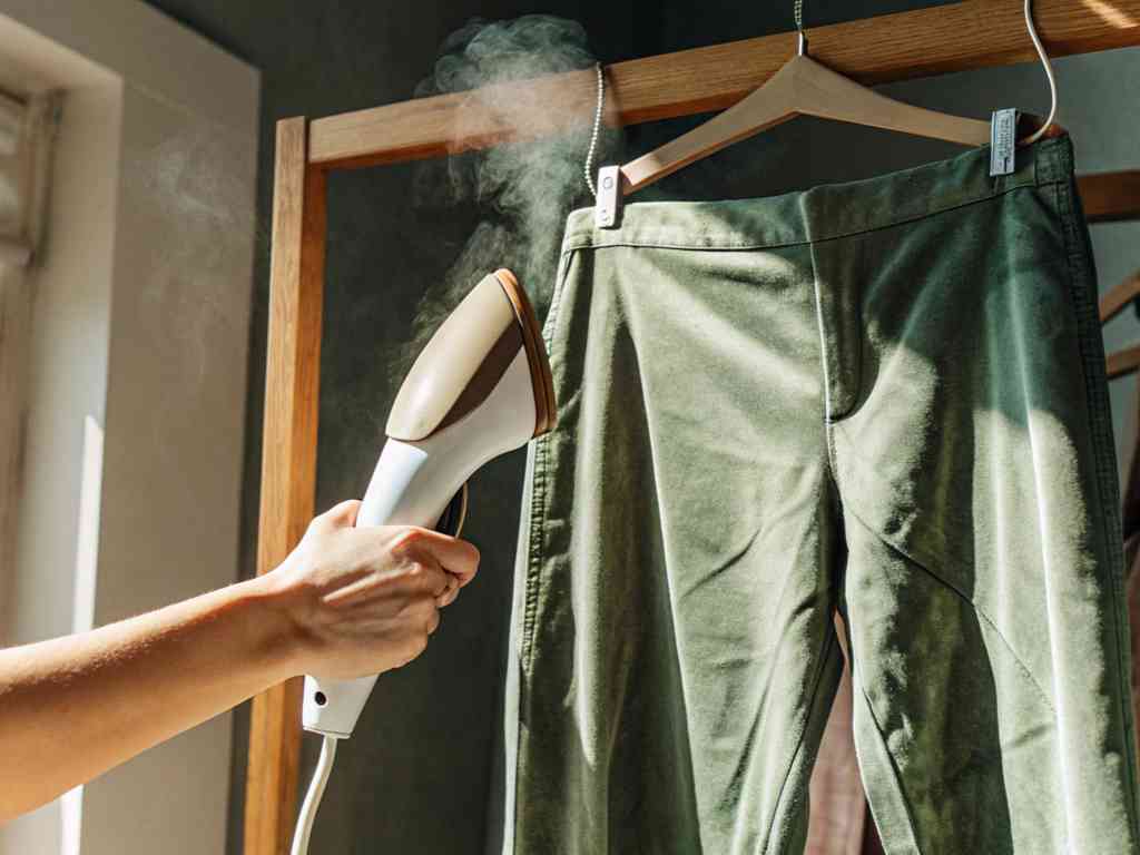 Hand using a garment steamer on a pair of green trousers hanging by a window.