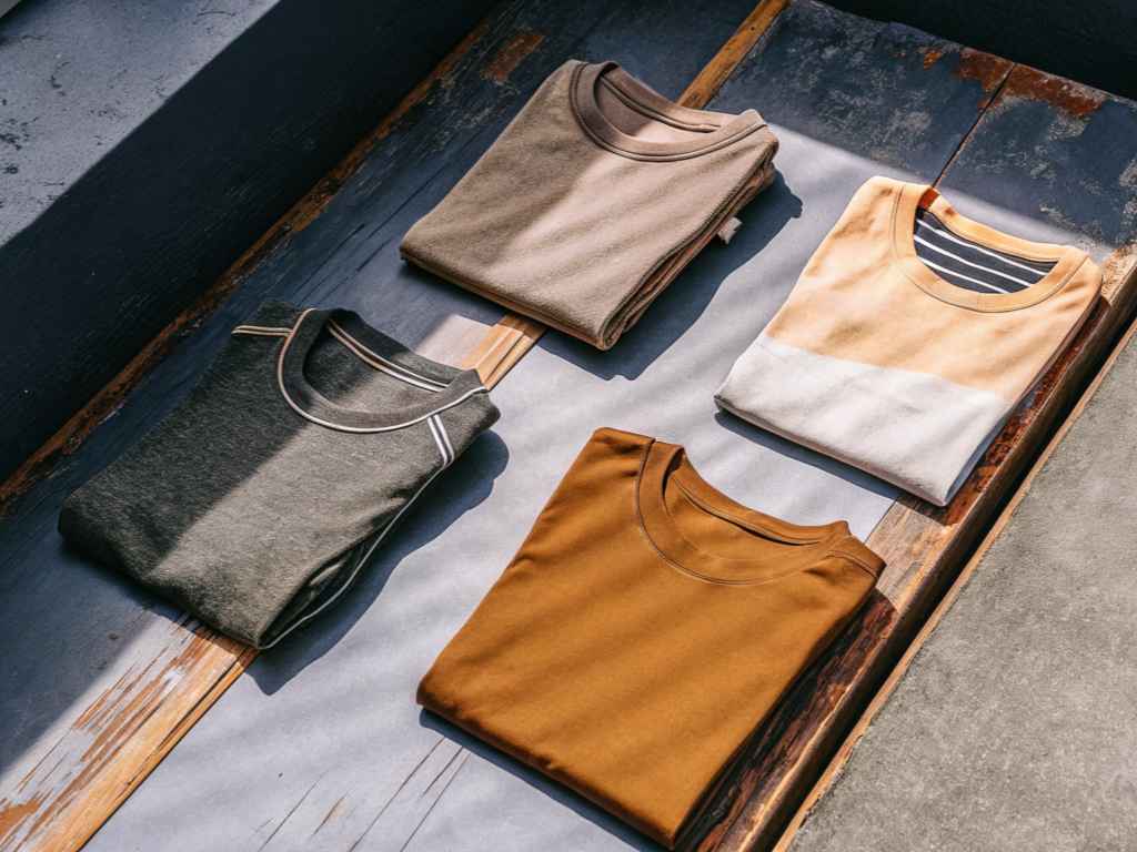 Folded T-shirts in green, beige, mustard, and peach-white combo