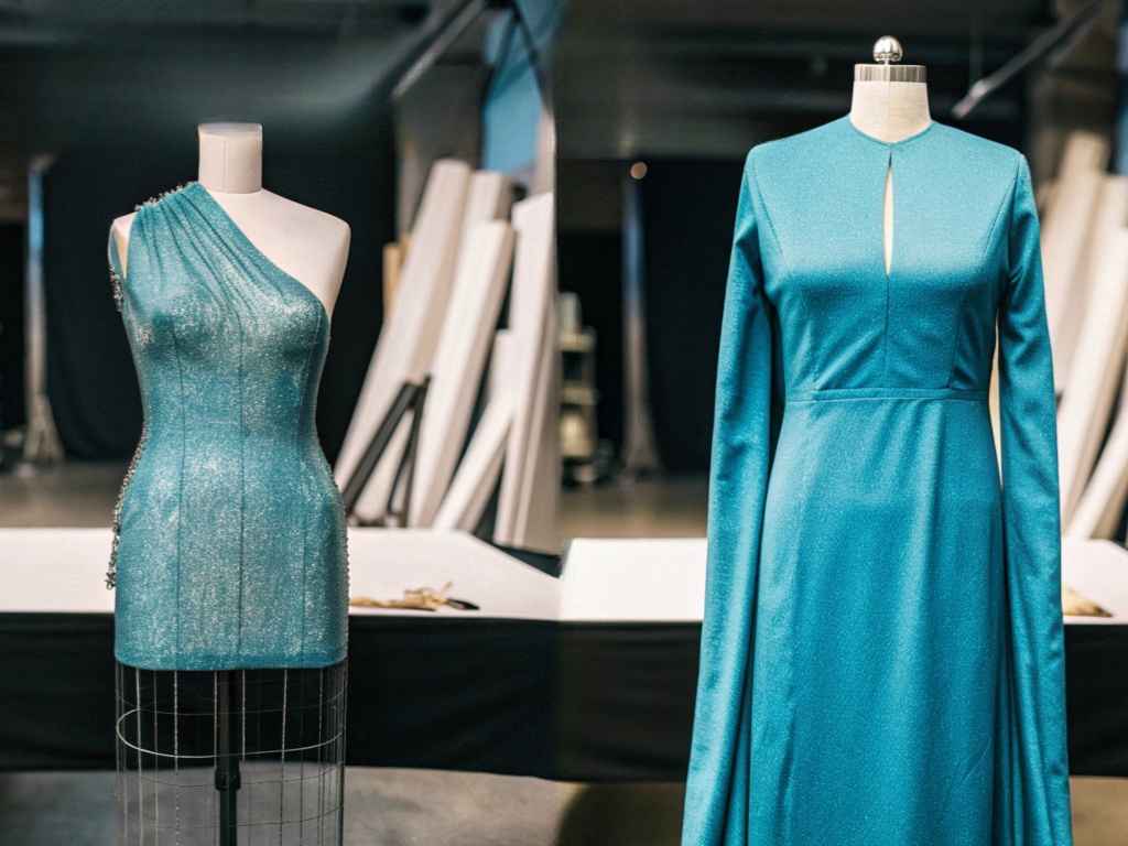 Two elegant blue dresses displayed on fashion design mannequins.