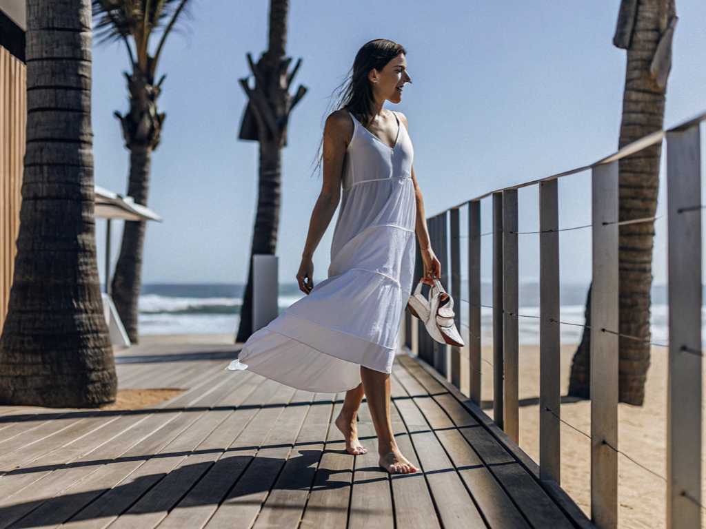 Woman in white summer dress walking barefoot on beach boardwalk