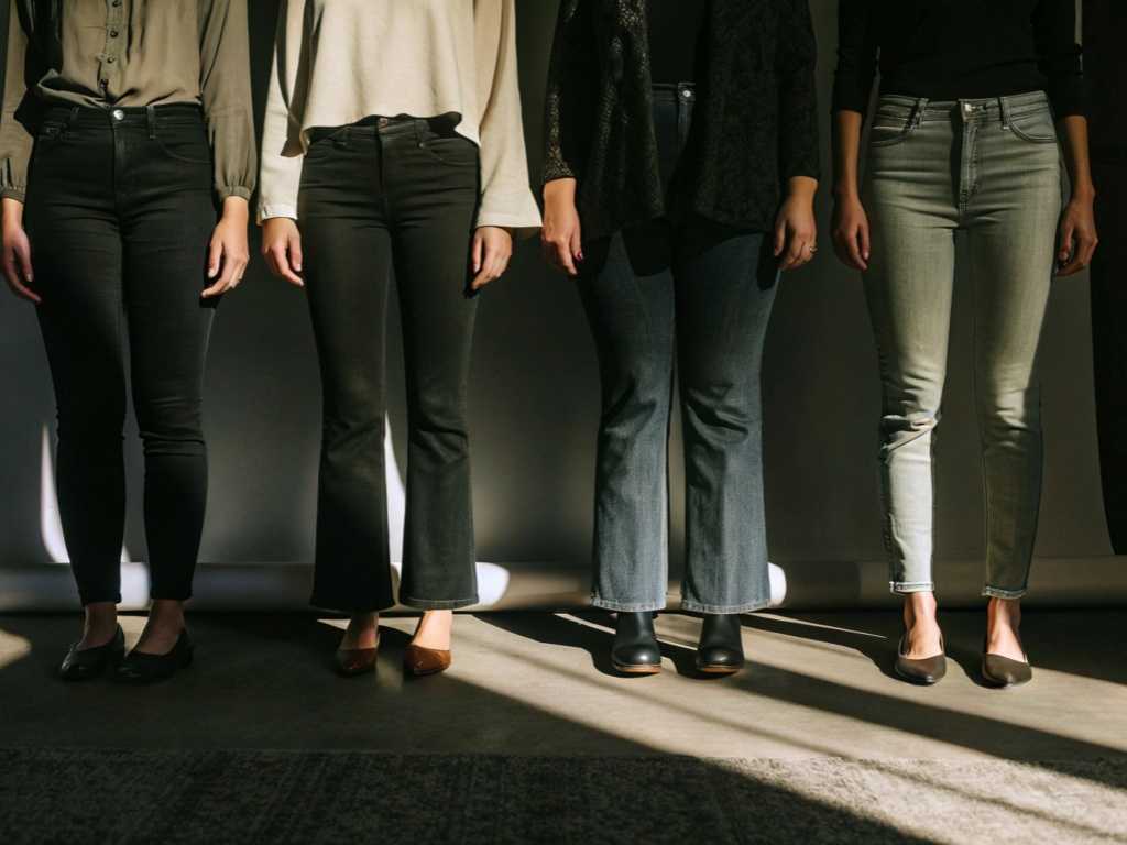Five women in various styles of dark jeans standing under directional sunlight