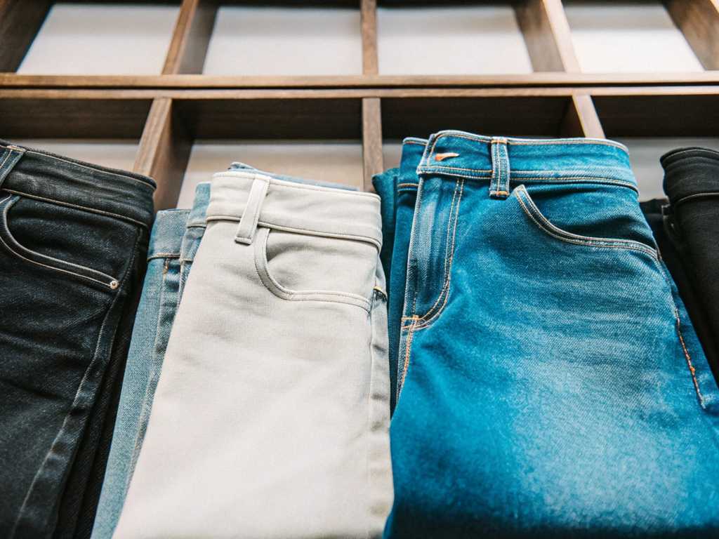 Blue, grey, and black denim jeans neatly folded on shelves.
