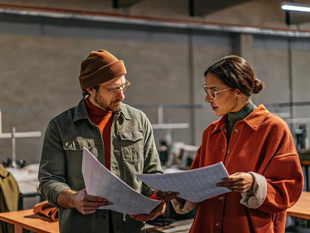 Two designers discussing fashion design plans in studio workspace.