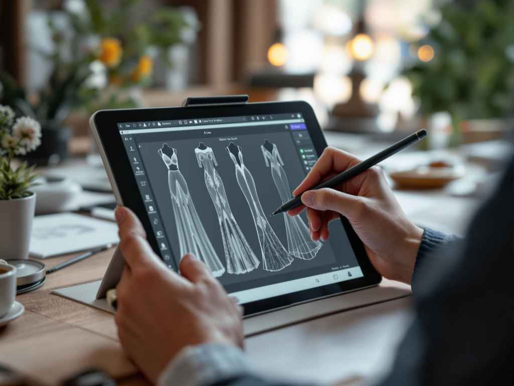 Designer digitally sketching elegant evening dresses on tablet at workspace.