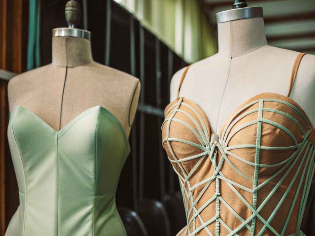 Two mannequins showcasing elegant pastel-colored corset-style dresses in studio.