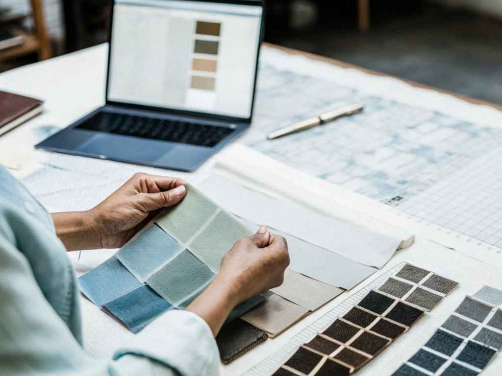 Designer reviewing blue and green fabric swatches at desk with laptop