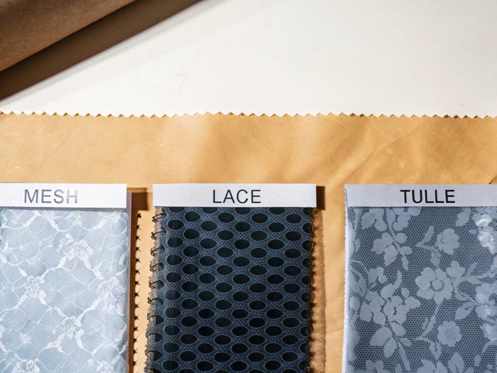 Mesh, lace and tulle samples mounted on kraft paper sheet