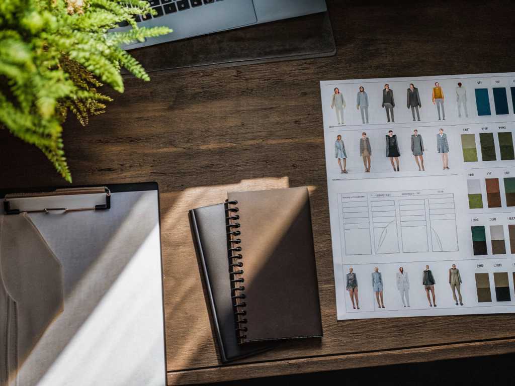 Designer desk with fashion sketches, color palettes, notebook, and plants.