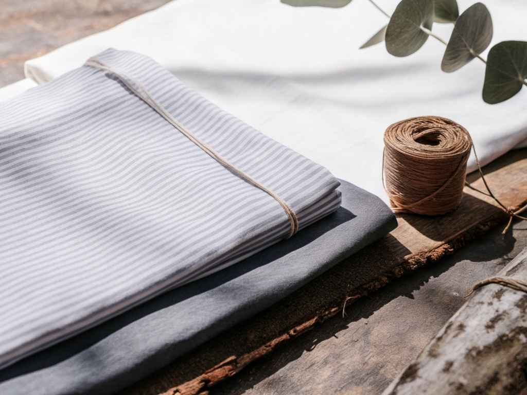 Folded cotton fabrics with twine and eucalyptus leaves