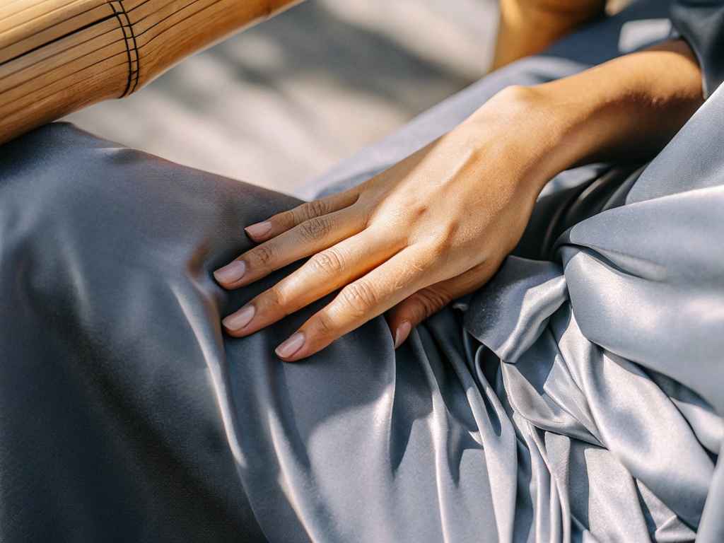 Close-up of a hand resting on silver satin dress in natural light.