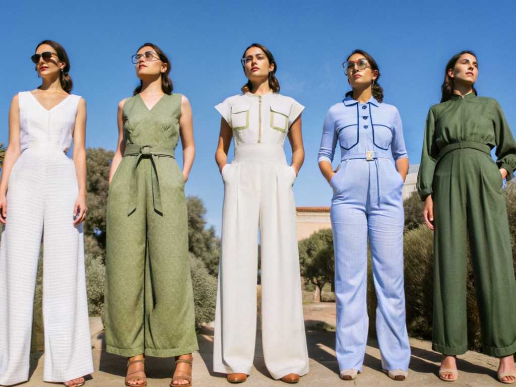 Five models wearing diverse tailored linen jumpsuits in outdoor lineup