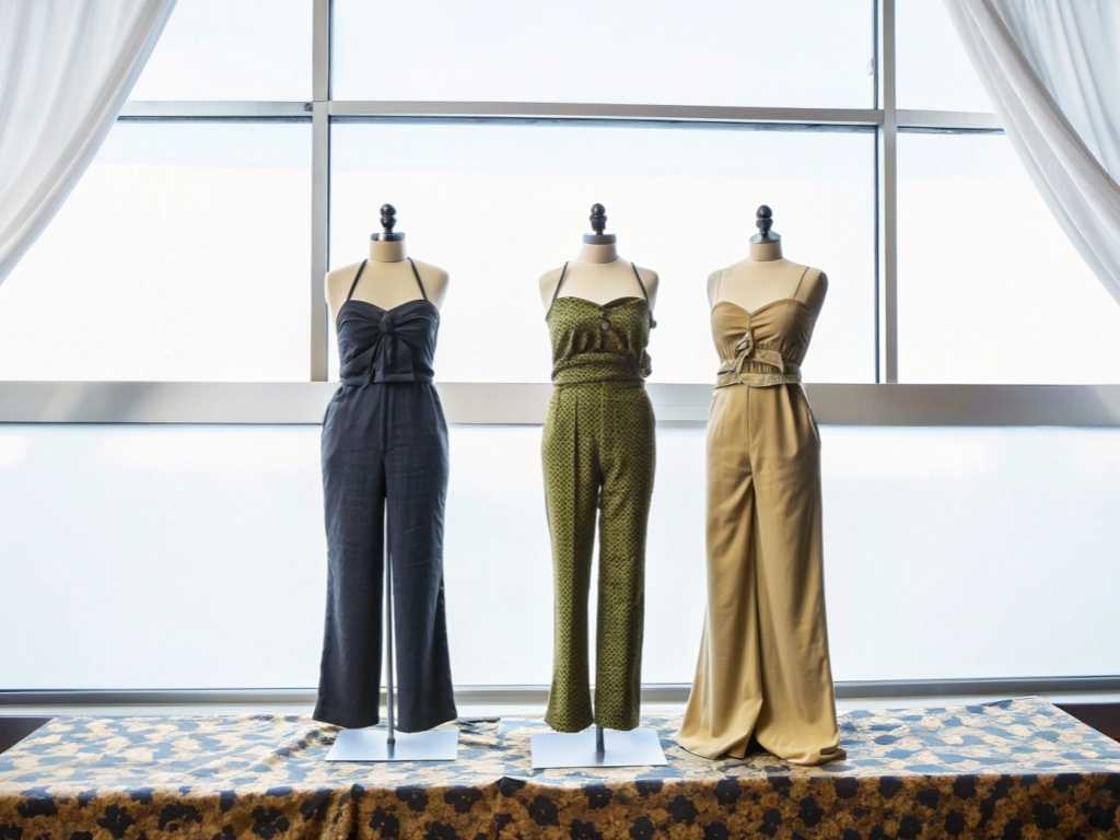 Three belted jumpsuits on dress forms against bright window backdrop