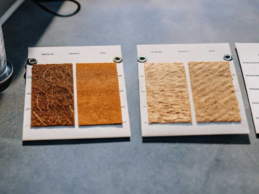 Natural fiber and leather alternative material swatches on cards