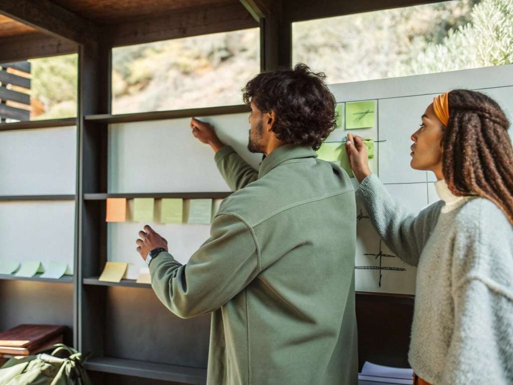 Designers placing green sticky notes on open-air whiteboard grid