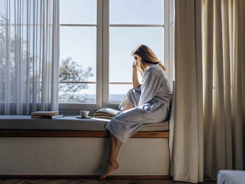 Woman in striped robe reading by window with coffee and sunlight.
