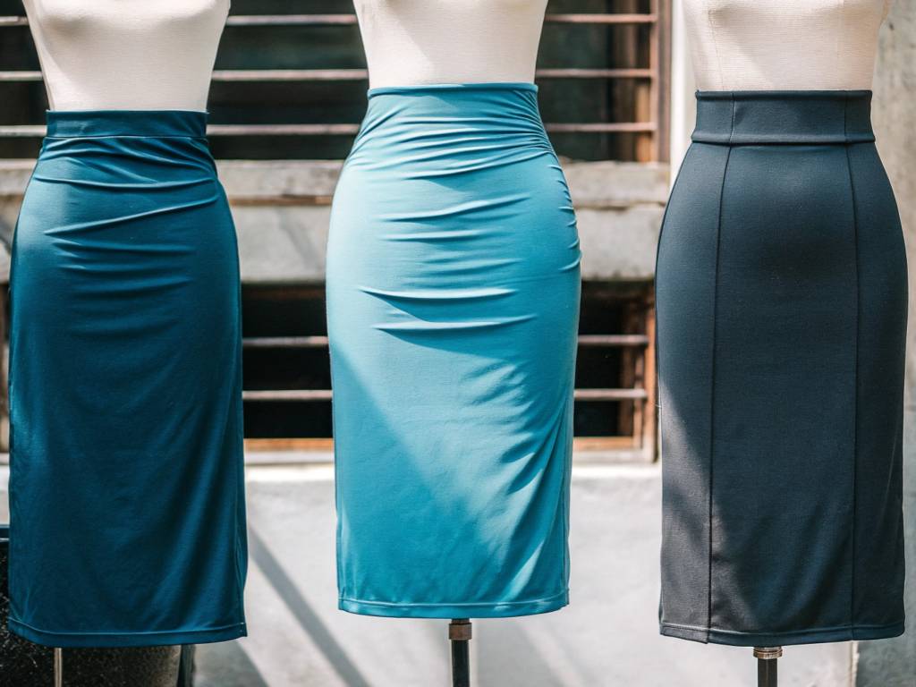 Three mannequins displaying different styles and lengths of blue pencil skirts in natural lighting.