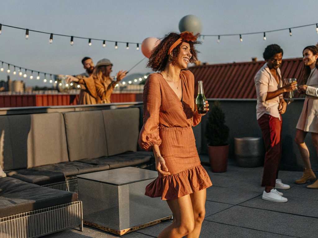 Joyful friends dancing at sunset rooftop party with string lights