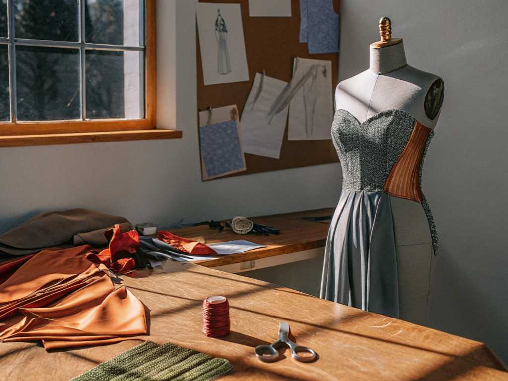 Sunlit atelier with draped mannequin and scattered fabric swatches