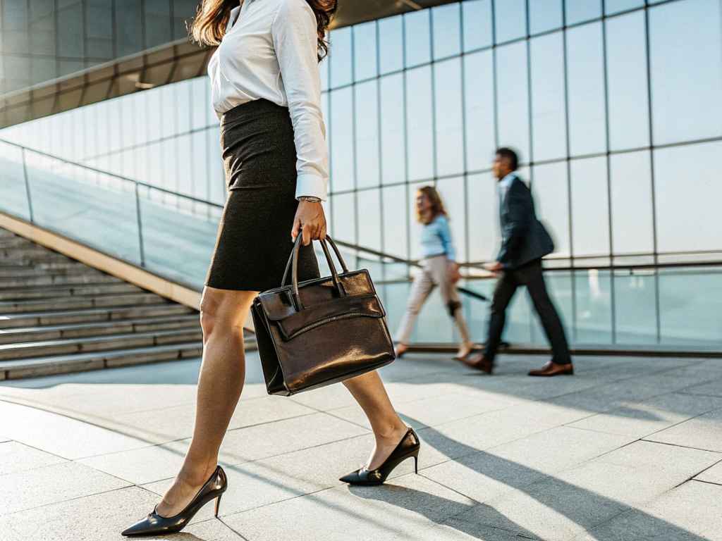 Businesswoman walking in pencil skirt and heels with leather bag