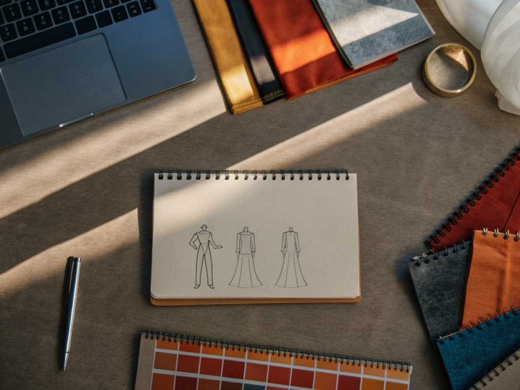 Designer’s desk with a laptop corner, rust- and mustard-coloured swatch books, a closed gold tape measure, and a small sketch pad showing three simple garment outlines in sunlight