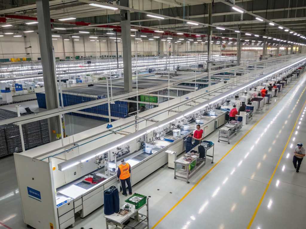 Modern garment factory with automated sewing machines and workers along production lines.